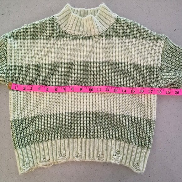 Sage & Cream Chunky Striped Knit Sweater – Mock Neck, Distressed Hem (Size M) - Picture 7 of 14